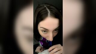 Foreplay Performs Oral Play on Blue Dildo in Purple Costume