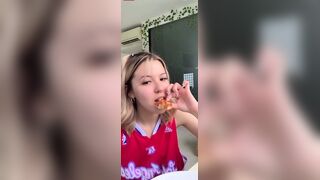 Asian Cute Babe Slips Her Small Nip While Eating Pizza