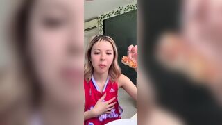 Asian Cute Babe Slips Her Small Nip While Eating Pizza